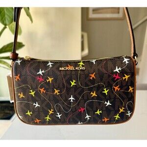 NWT Michael Kors Jet Set Brown Airplane Print East West Pouchette Bag Travel